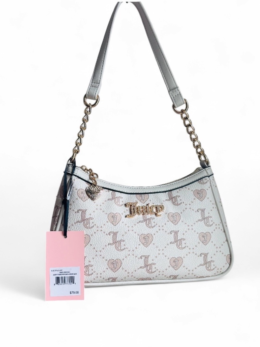 Juicy Couture Cream Monogram Heart Charm Chain-Accent Shoulder Bag